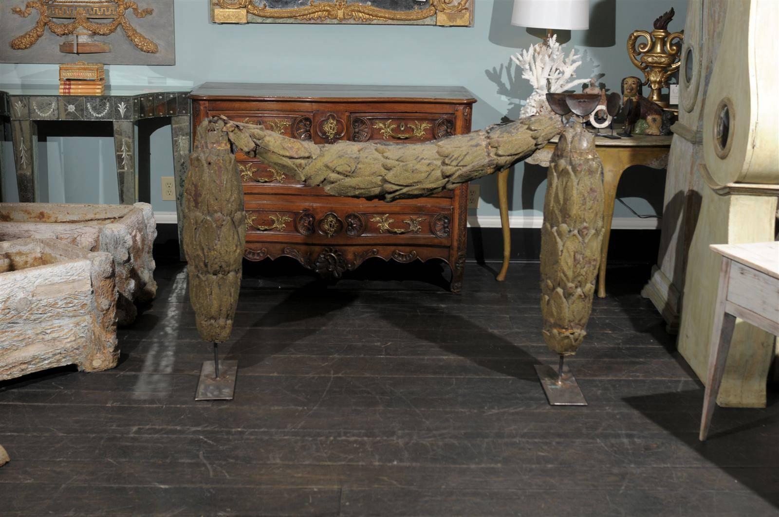 Swedish 18th Century Large Tole Architectural Swag on Stand In Distressed Condition In Atlanta, GA