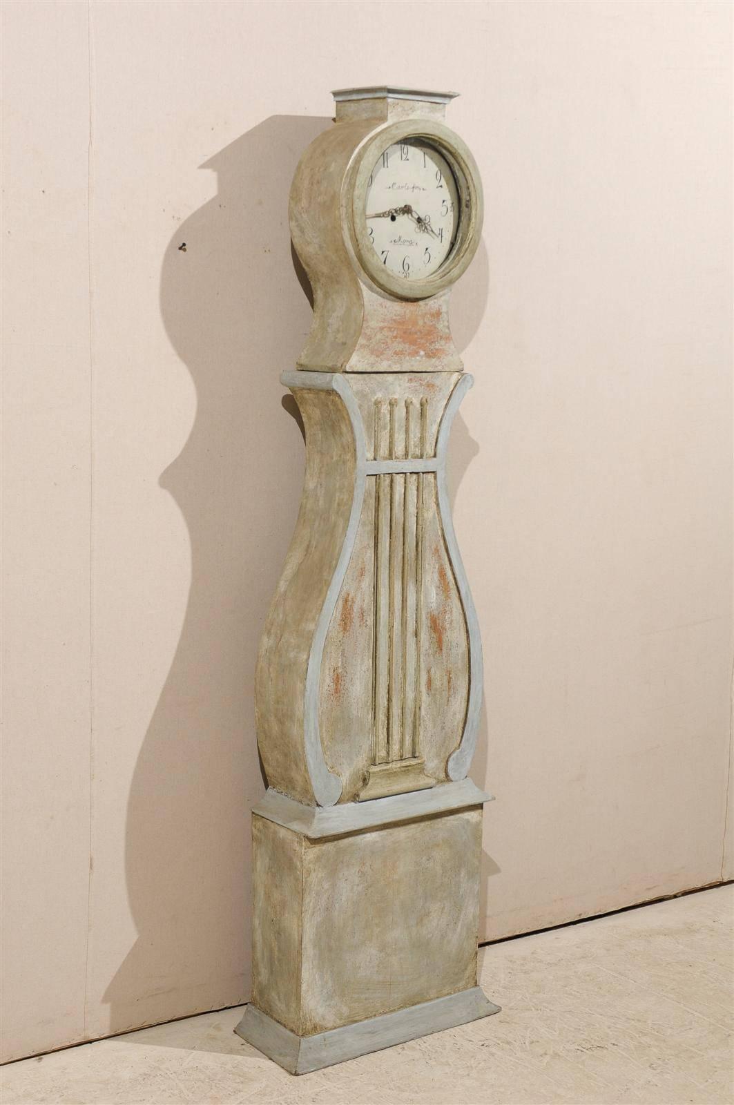 Swedish 19th Century Painted Wood Grandfather Clock with Lyre Shaped Door 3