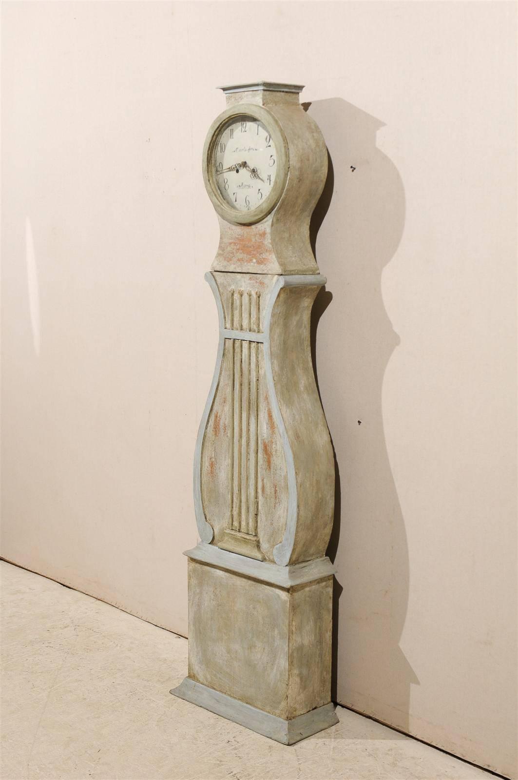 Swedish 19th Century Painted Wood Grandfather Clock with Lyre Shaped Door 4
