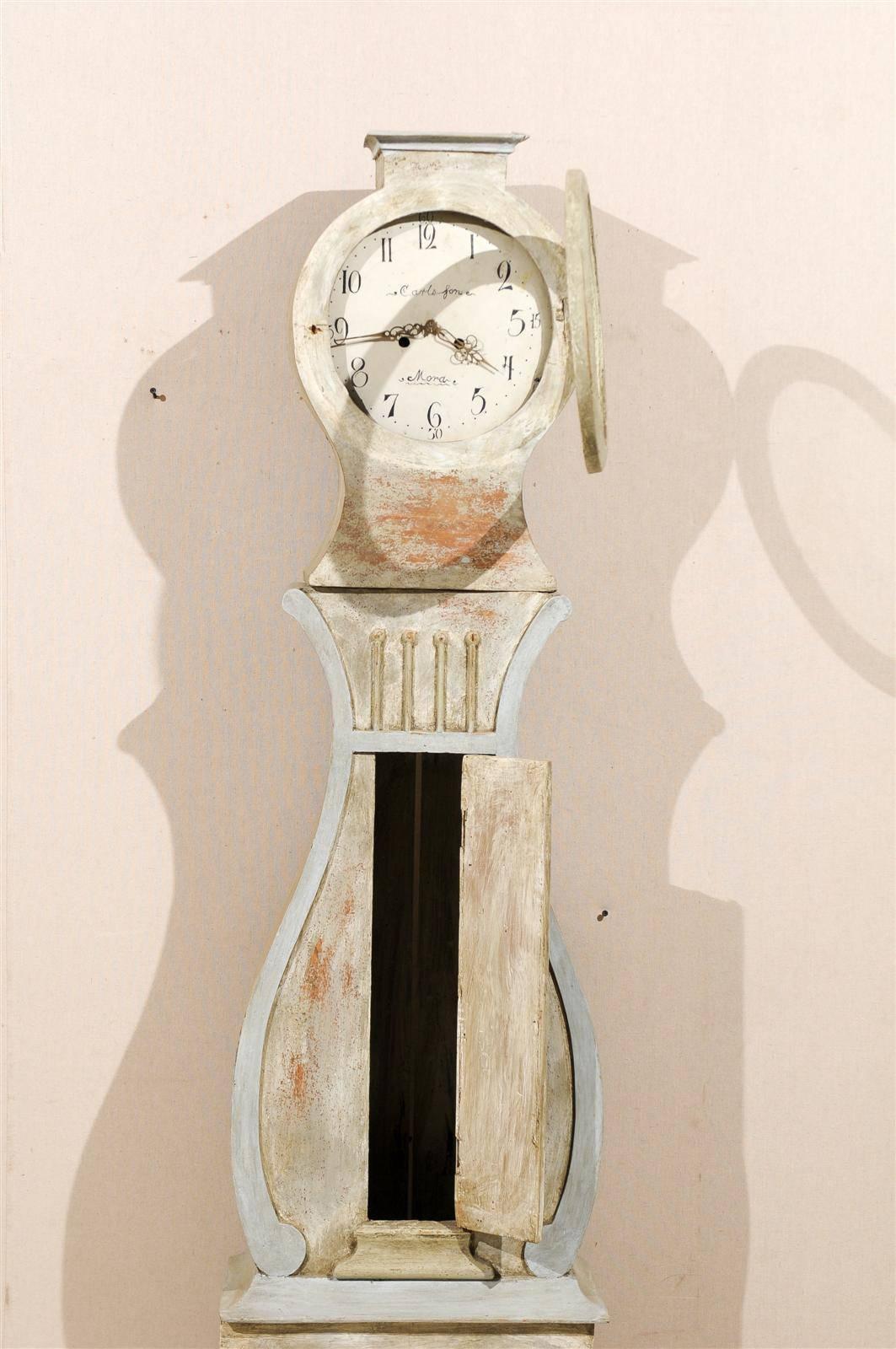 Swedish 19th Century Painted Wood Grandfather Clock with Lyre Shaped Door 5