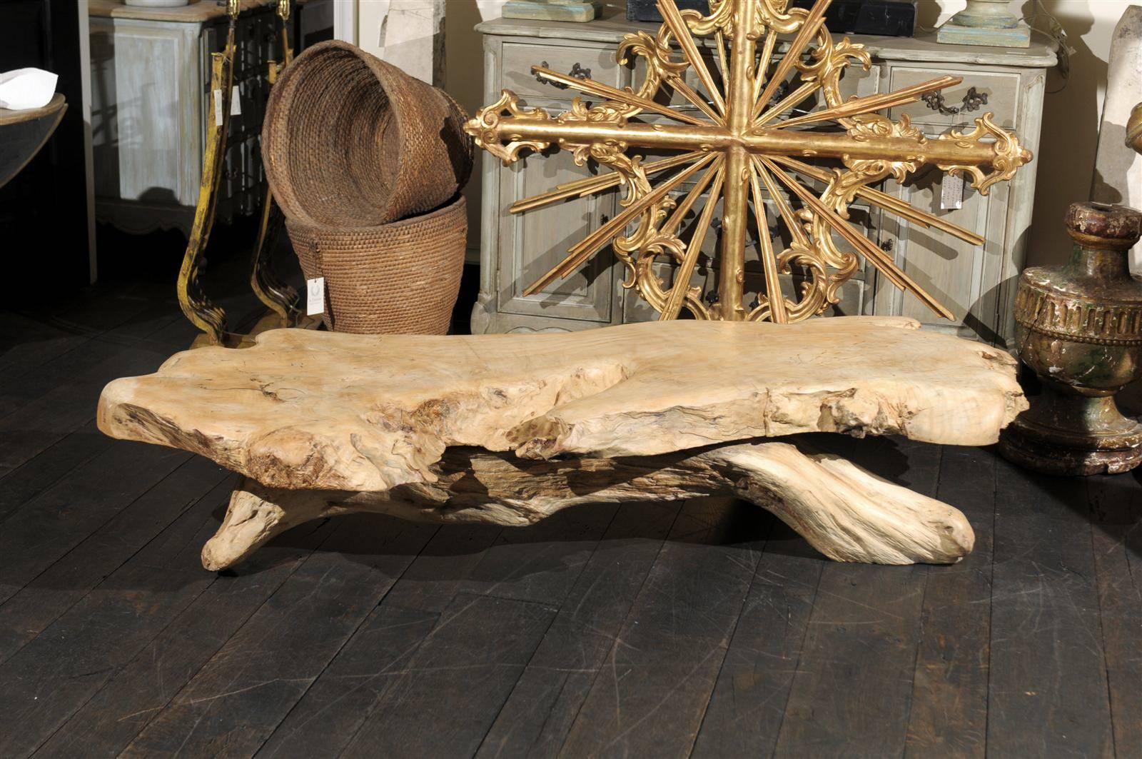 An American bleached redwood free-form coffee table from the late 20th century. What a great statement this table will make in your room with its unusual shape! Strong, sturdy and a great look, what else could you ask for?