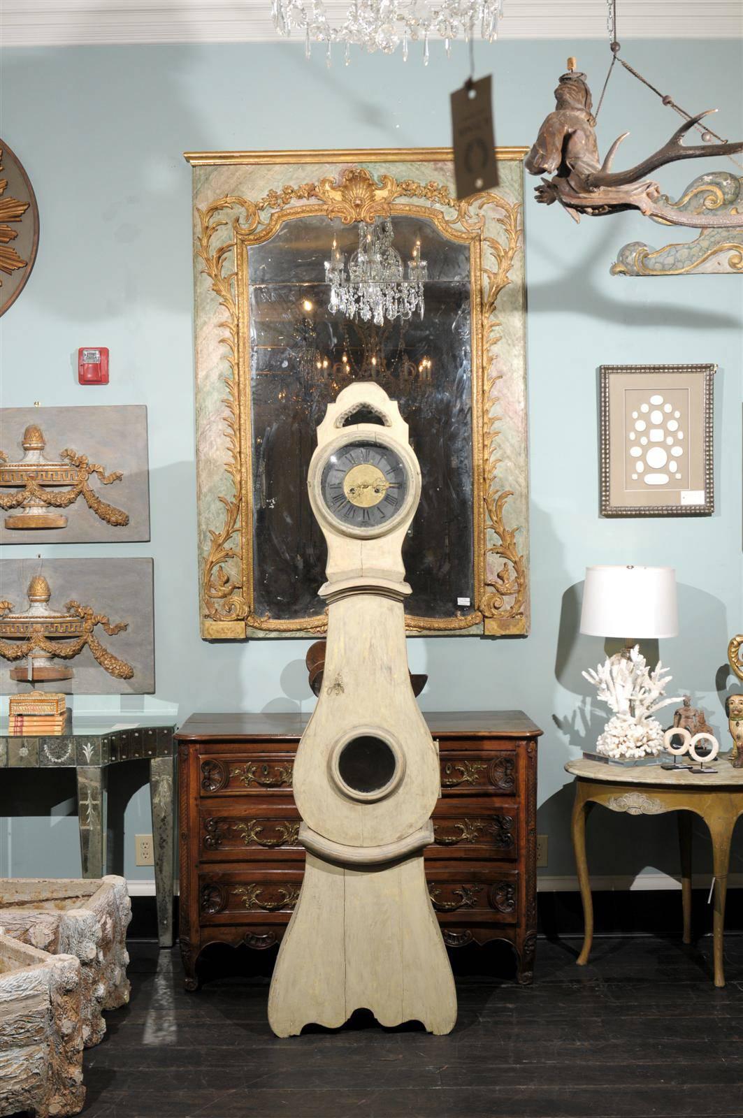 18th Century and Earlier Exquisite Swedish 18th Century Painted Grandfather Clock with Pewter Ring Face