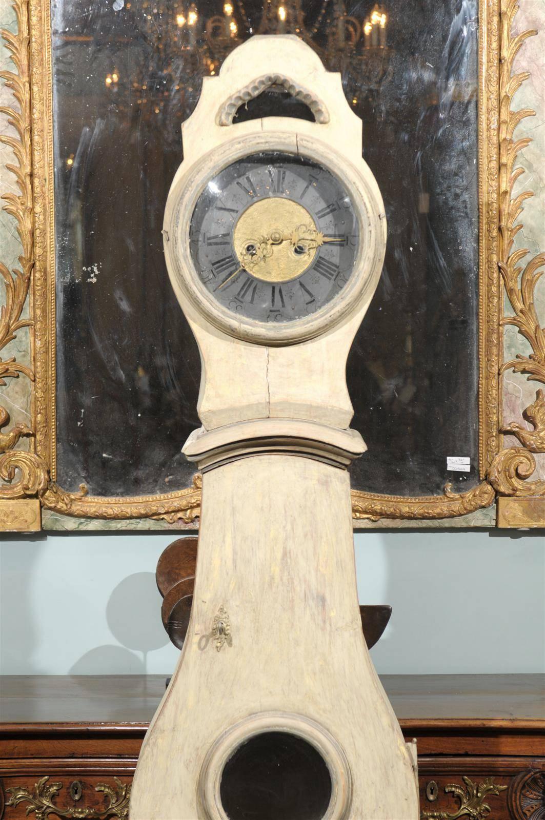 Glass Exquisite Swedish 18th Century Painted Grandfather Clock with Pewter Ring Face