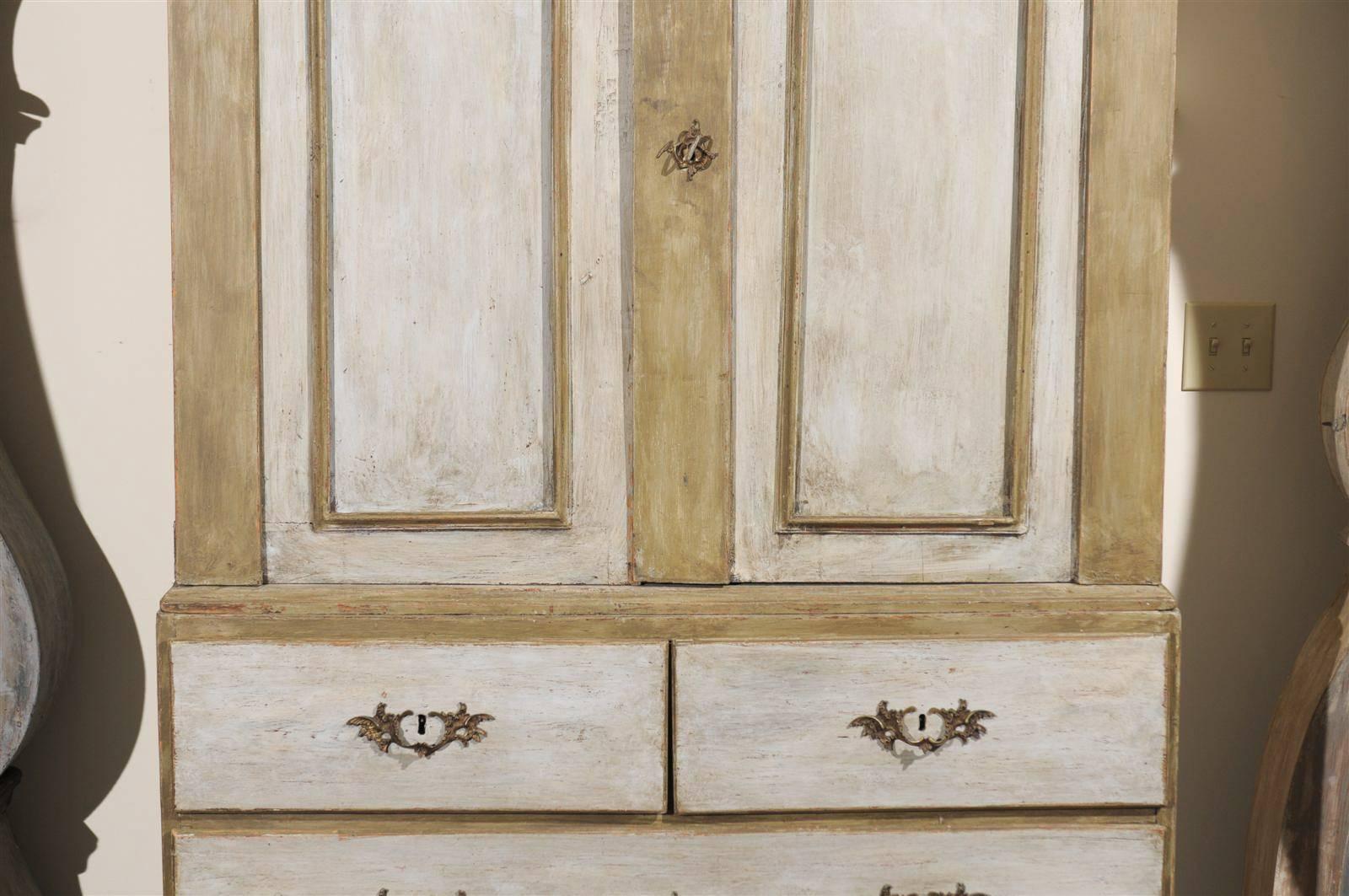 Swedish 18th C. Period Rococo Painted Wood Linen Press  For Sale 1