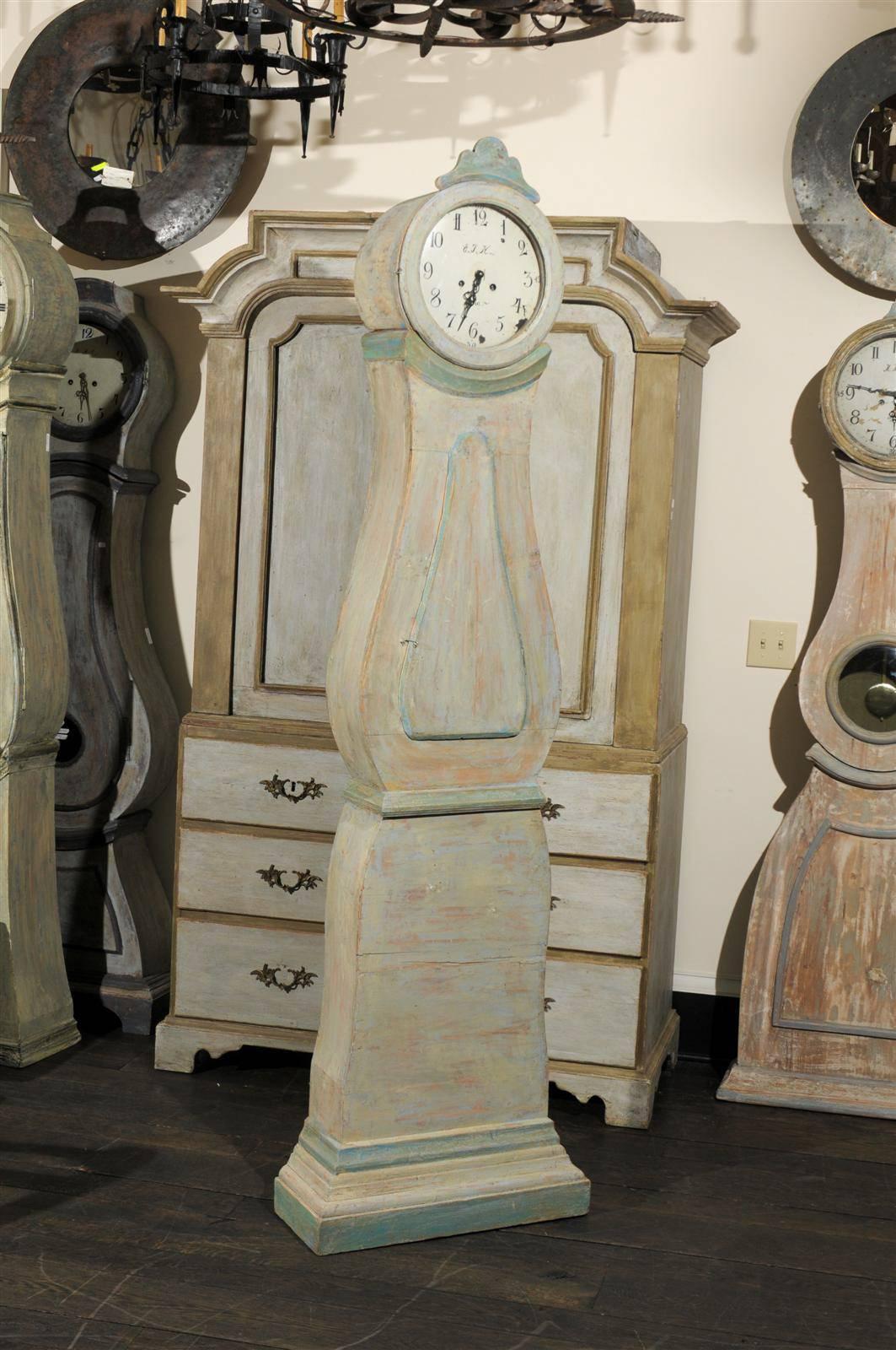 Wood Swedish Mora Clock from the 19th Century with Light Grey Hue and Green Accents