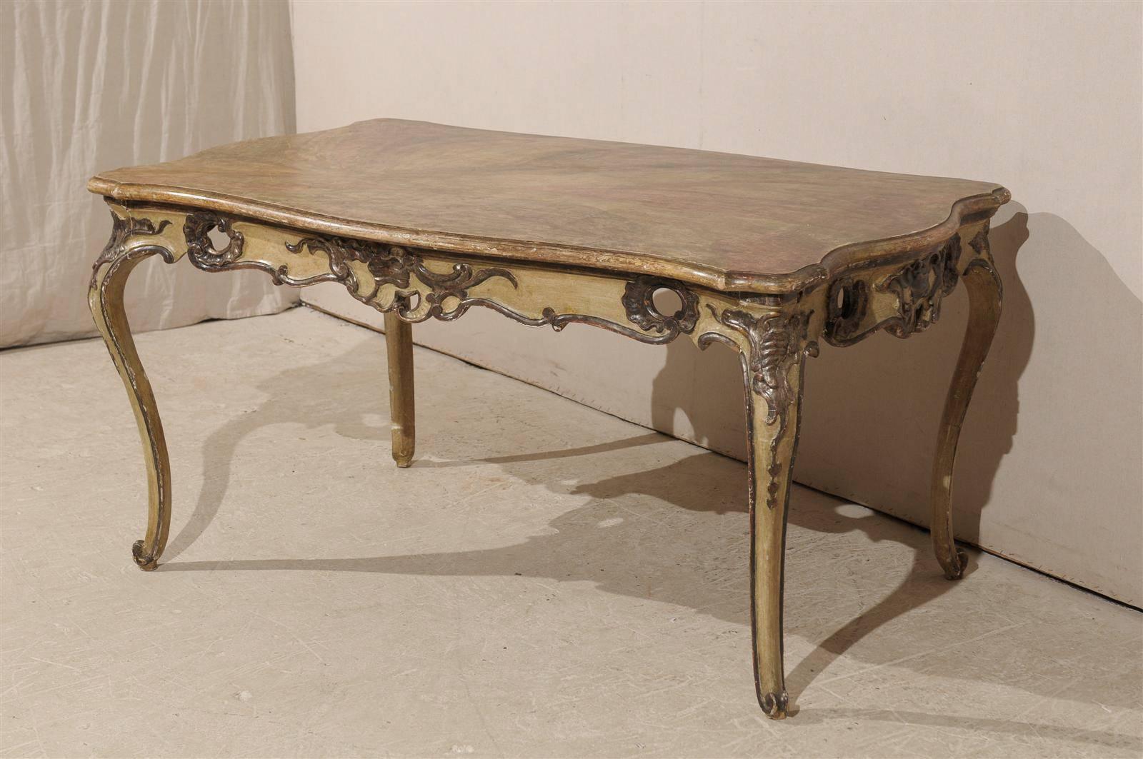 Wood Italian Rococo Style Table, Desk With Faux-Marble Top, 19th Century For Sale