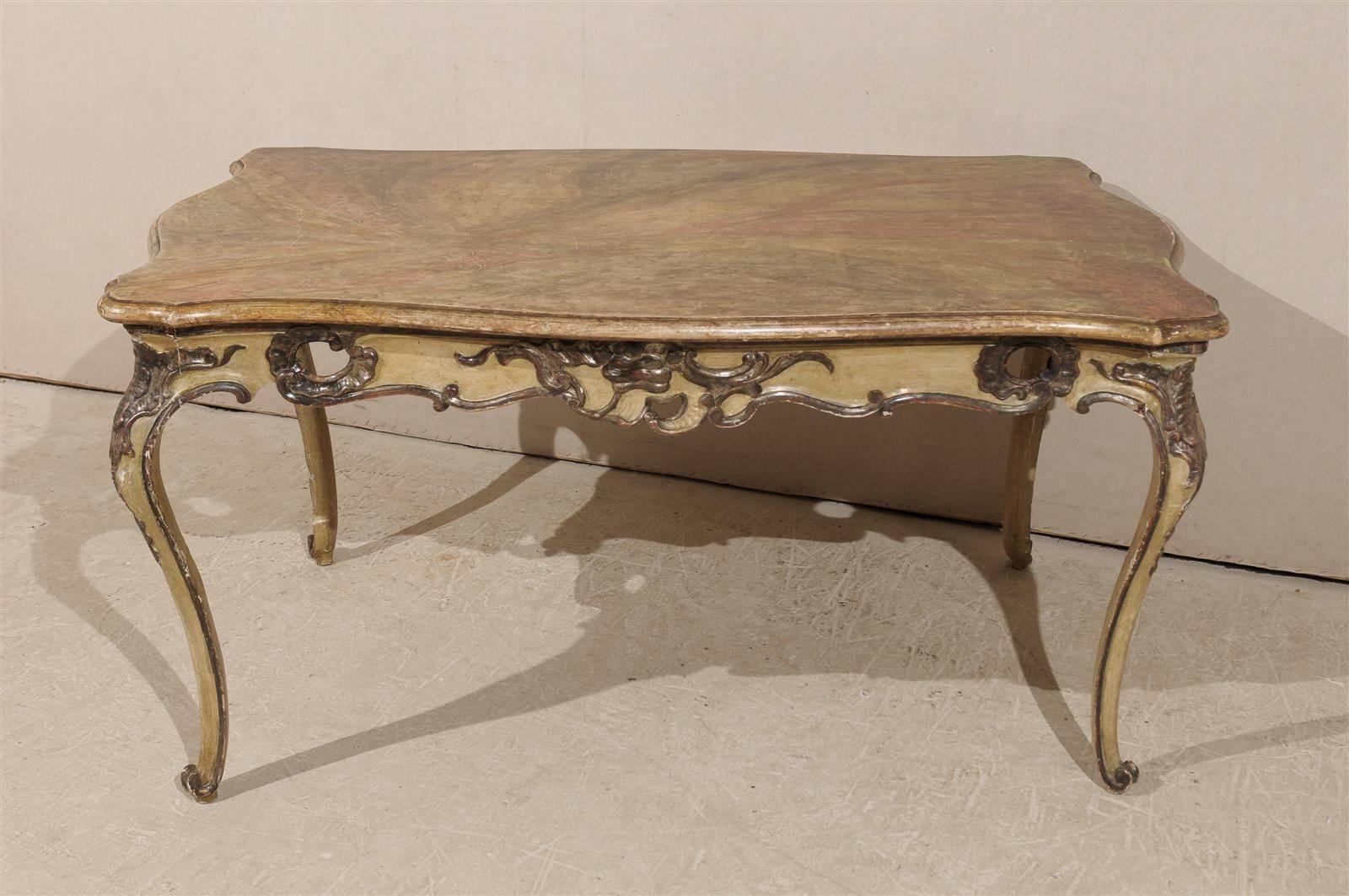 Italian Rococo Style Table, Desk With Faux-Marble Top, 19th Century For Sale 1