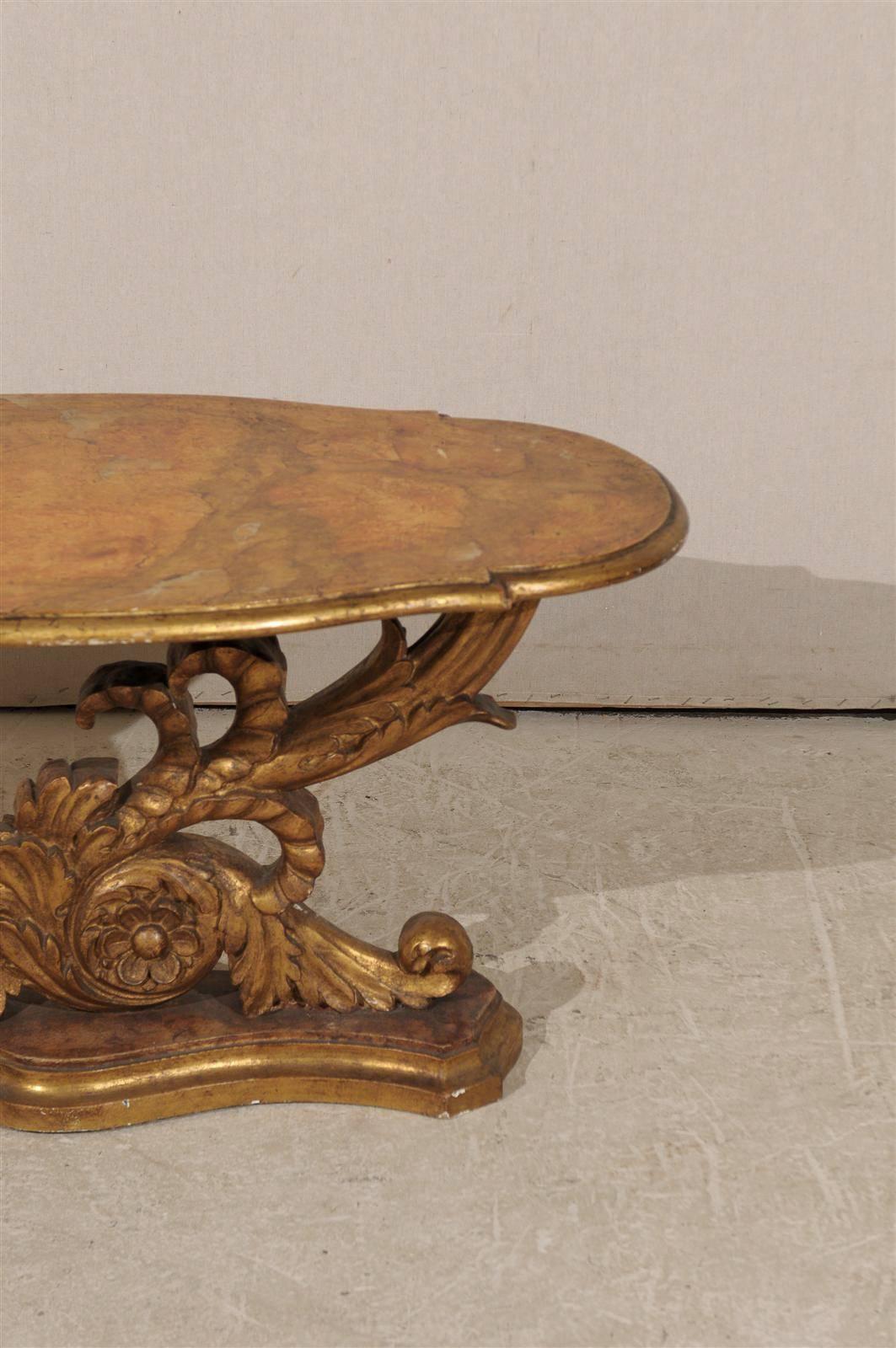 An Italian Mid 19th Century Giltwood Oval Coffee Table with Faux Marble Top For Sale 1