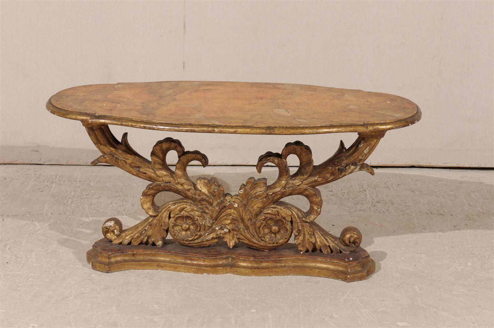 An Italian Mid 19th Century Giltwood Oval Coffee Table with Faux Marble Top For Sale 4