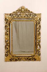 An Italian 19th Century Gilt Wood Mirror with Ornate Foliage Decor, Gold Color