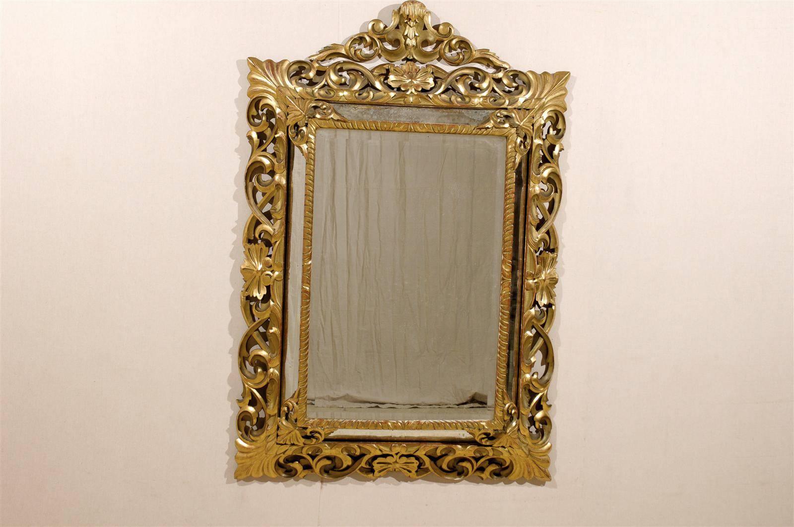 Carved An Italian 19th Century Gilt Wood Mirror with Ornate Foliage Decor, Gold Color For Sale