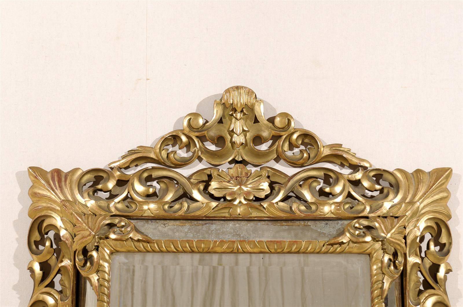 An Italian 19th Century Gilt Wood Mirror with Ornate Foliage Decor, Gold Color For Sale 3