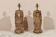 Pair of Portuguese 18th Century Painted Wood Table Lamps with Angel Depiction