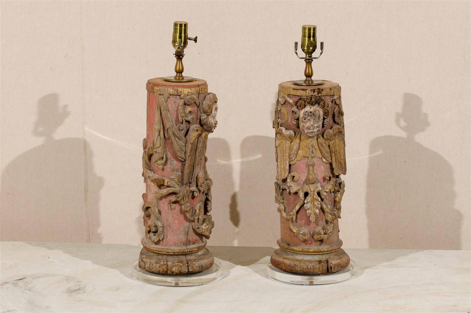 Pair of Portuguese 18th Century Painted Wood Table Lamps with Angel Depiction In Good Condition For Sale In Atlanta, GA