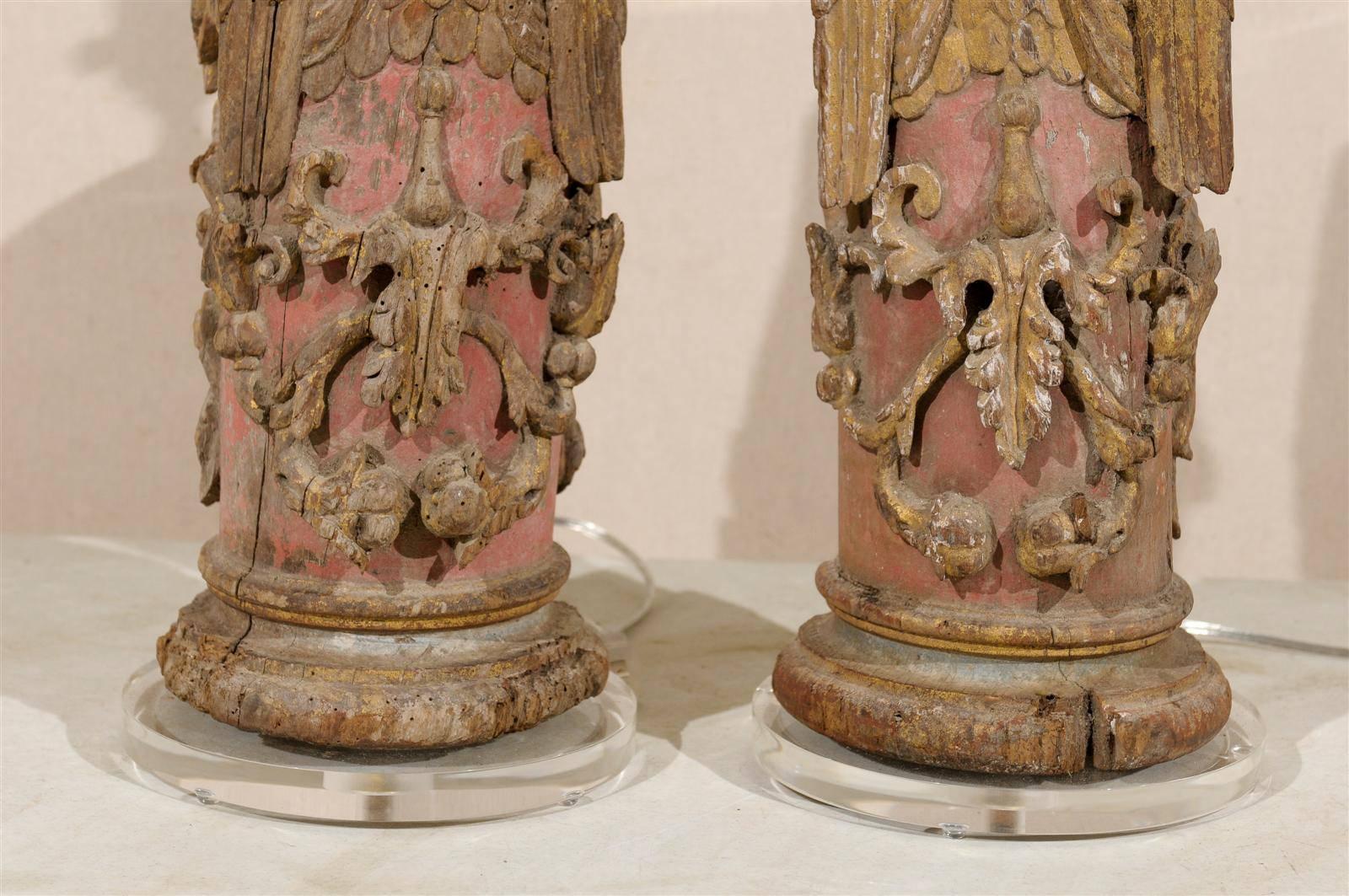 Pair of Portuguese 18th Century Painted Wood Table Lamps with Angel Depiction For Sale 2