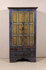 Early 19th C. Wood 2-Door Cabinet w/Drawers and Original Paint in Blue & Yellow