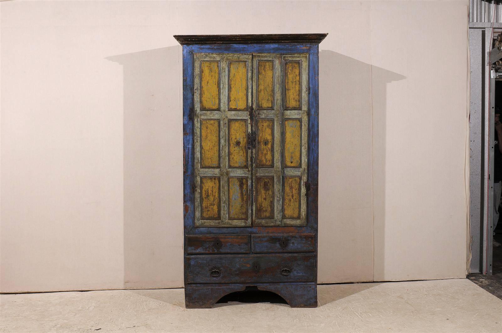 Brazilian Early 19th C. Wood 2-Door Cabinet w/Drawers and Original Paint in Blue & Yellow  For Sale