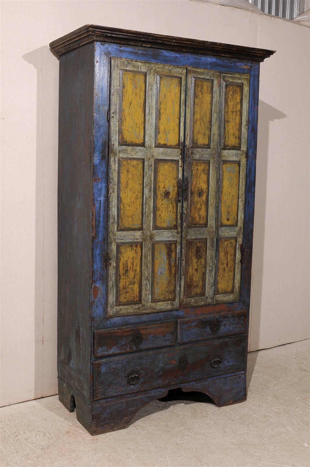 Painted Early 19th C. Wood 2-Door Cabinet w/Drawers and Original Paint in Blue & Yellow  For Sale