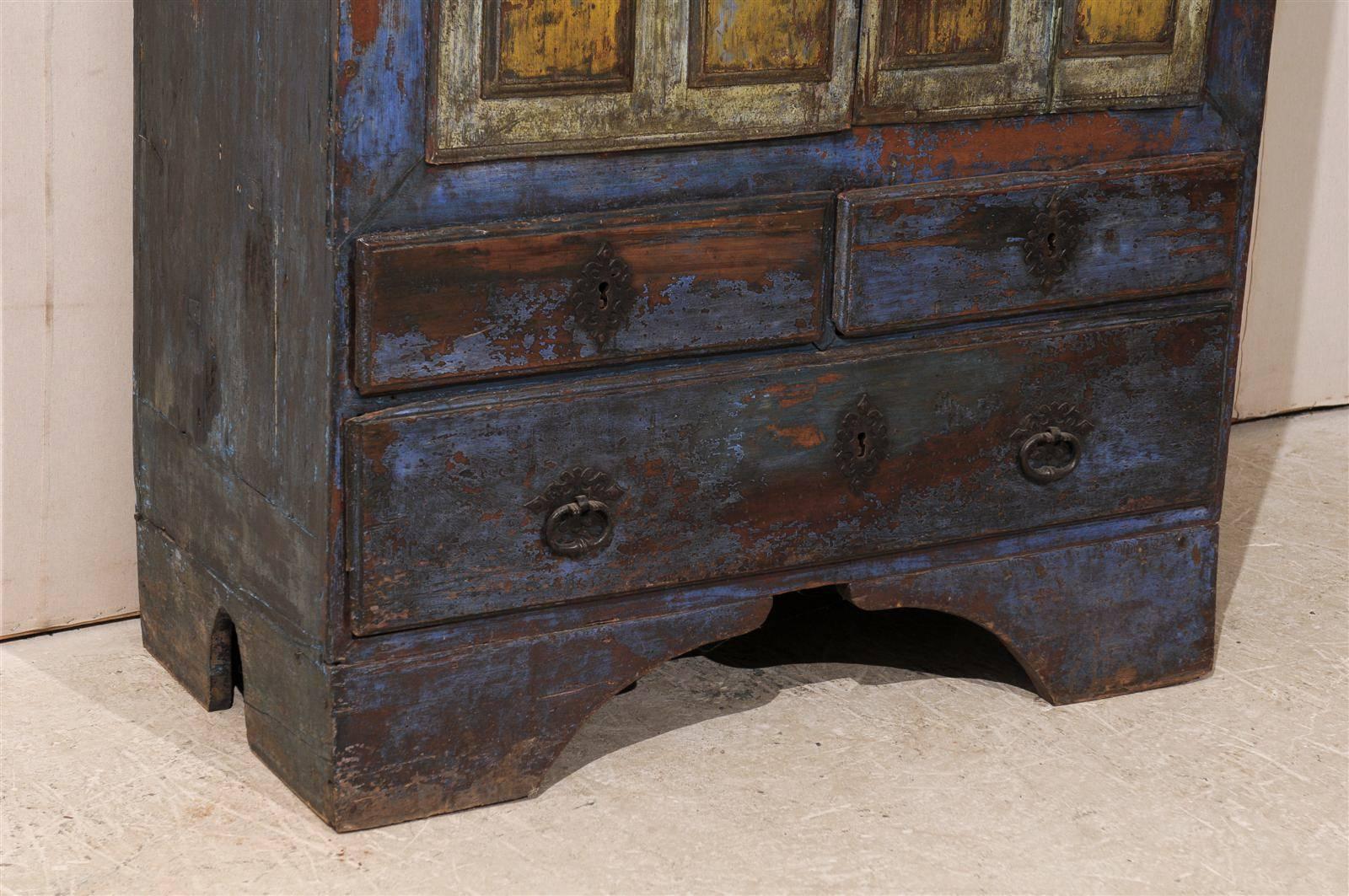 Early 19th C. Wood 2-Door Cabinet w/Drawers and Original Paint in Blue & Yellow  In Good Condition For Sale In Atlanta, GA