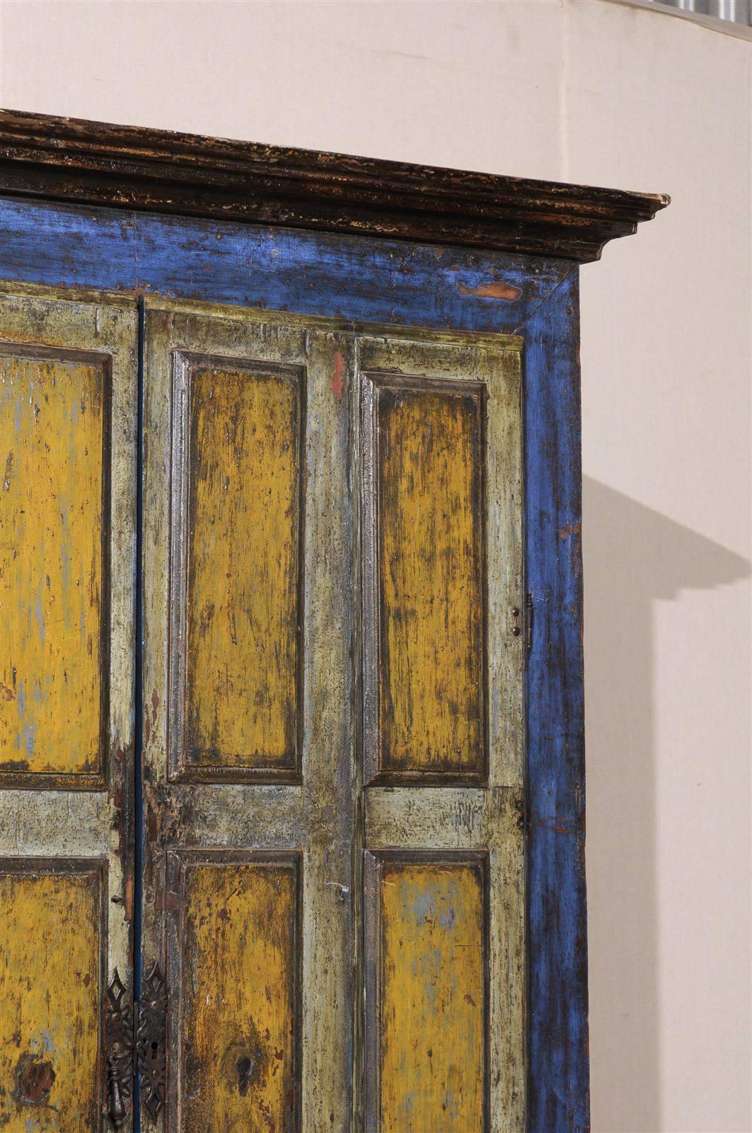19th Century Early 19th C. Wood 2-Door Cabinet w/Drawers and Original Paint in Blue & Yellow  For Sale
