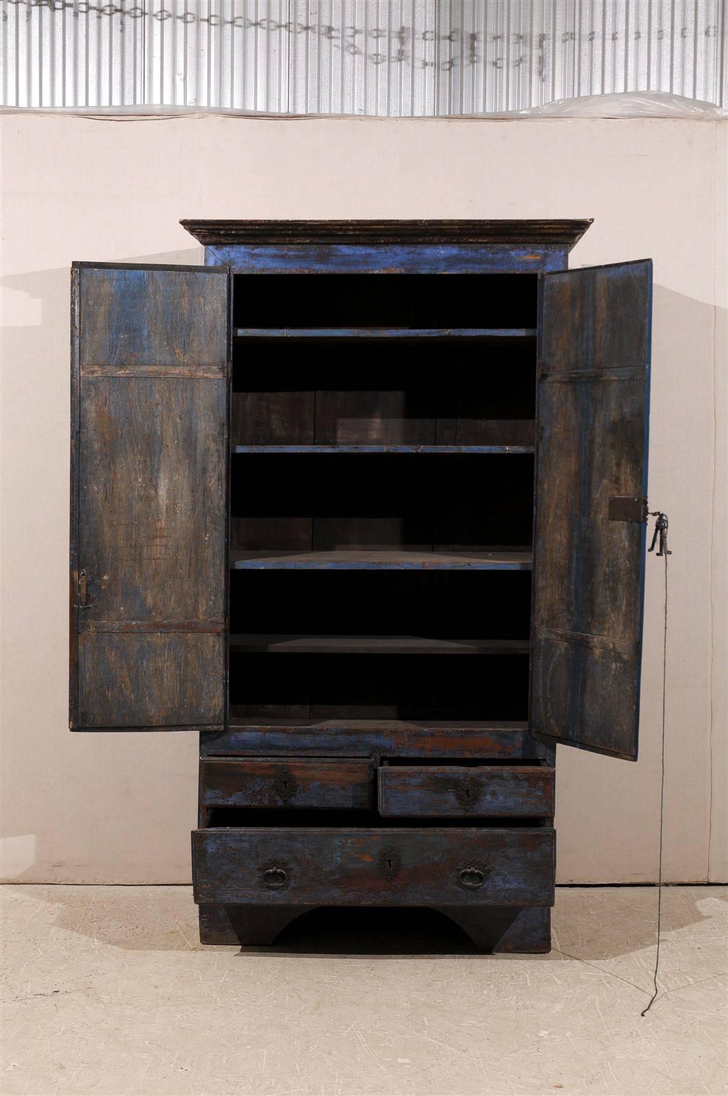 Early 19th C. Wood 2-Door Cabinet w/Drawers and Original Paint in Blue & Yellow  For Sale 1