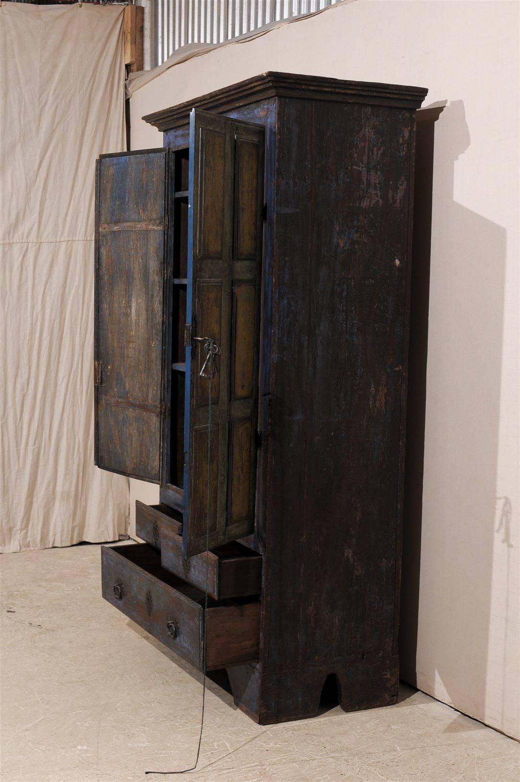 Early 19th C. Wood 2-Door Cabinet w/Drawers and Original Paint in Blue & Yellow For Sale 3