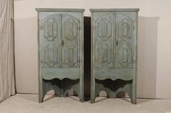 Pair of 19th C. Painted 7.5 ft Tall Wood Corner Cabinets w/Open Space Beneath