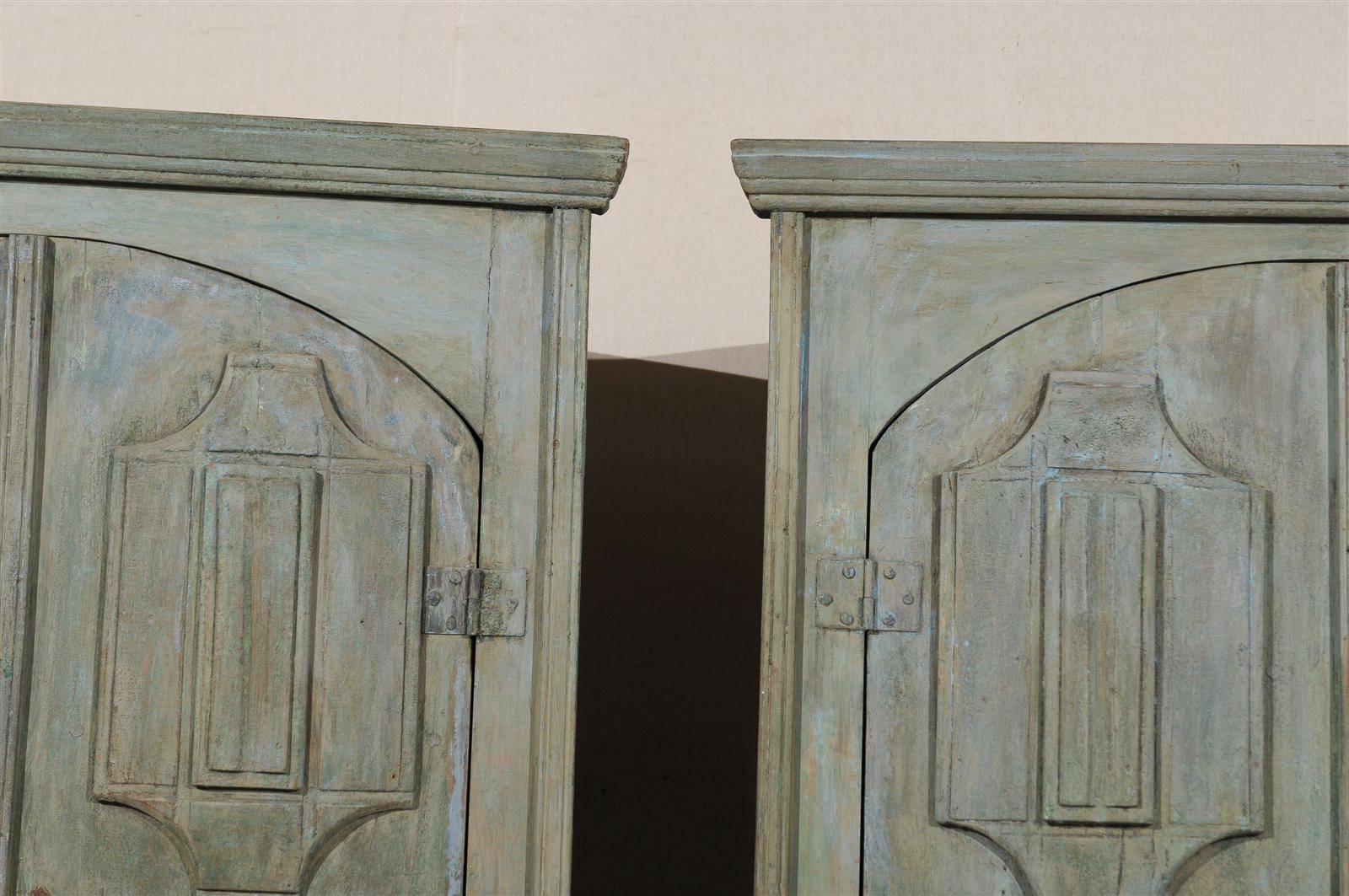 19th Century Pair of 19th C. Painted 7.5 ft Tall Wood Corner Cabinets w/Open Space Beneath For Sale