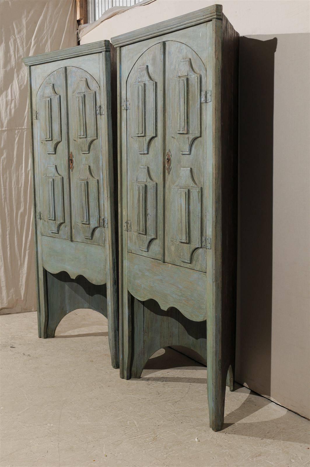 Pair of 19th C. Painted 7.5 ft Tall Wood Corner Cabinets w/Open Space Beneath For Sale 1