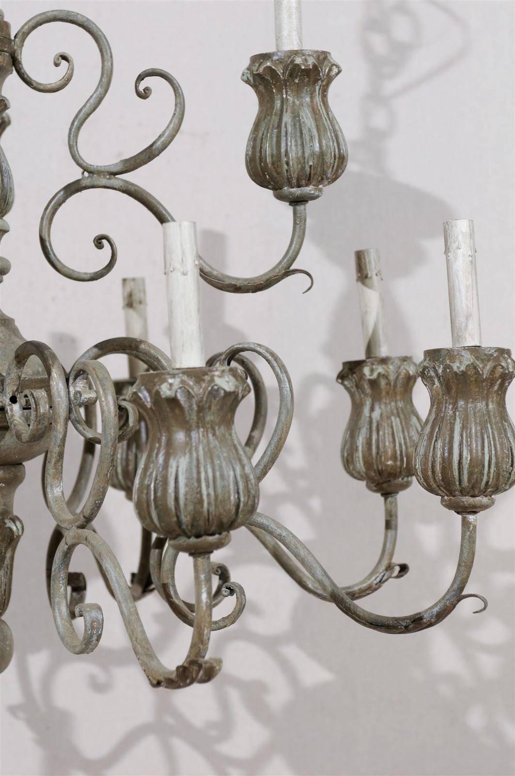 Italian 2-Tier, 12-Light Painted Wood Chandelier with Flower Shaped Bobeches In Good Condition For Sale In Atlanta, GA