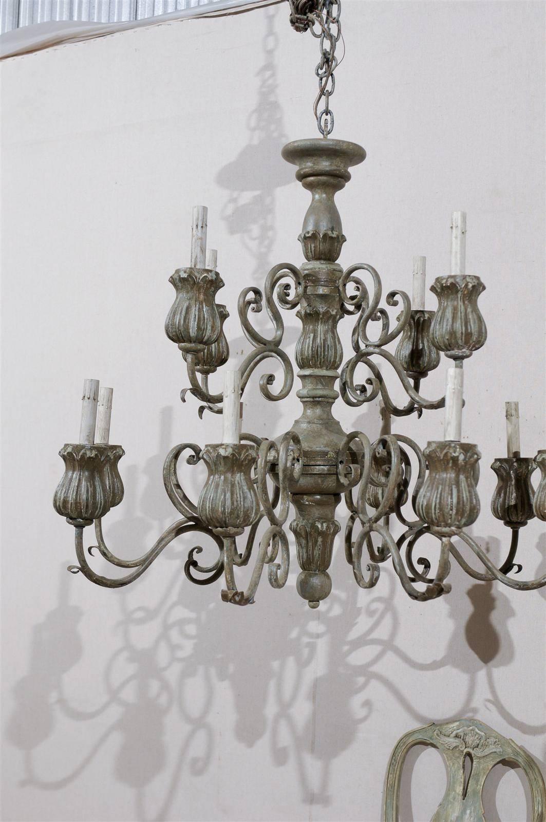 Italian 2-Tier, 12-Light Painted Wood Chandelier with Flower Shaped Bobeches For Sale 2