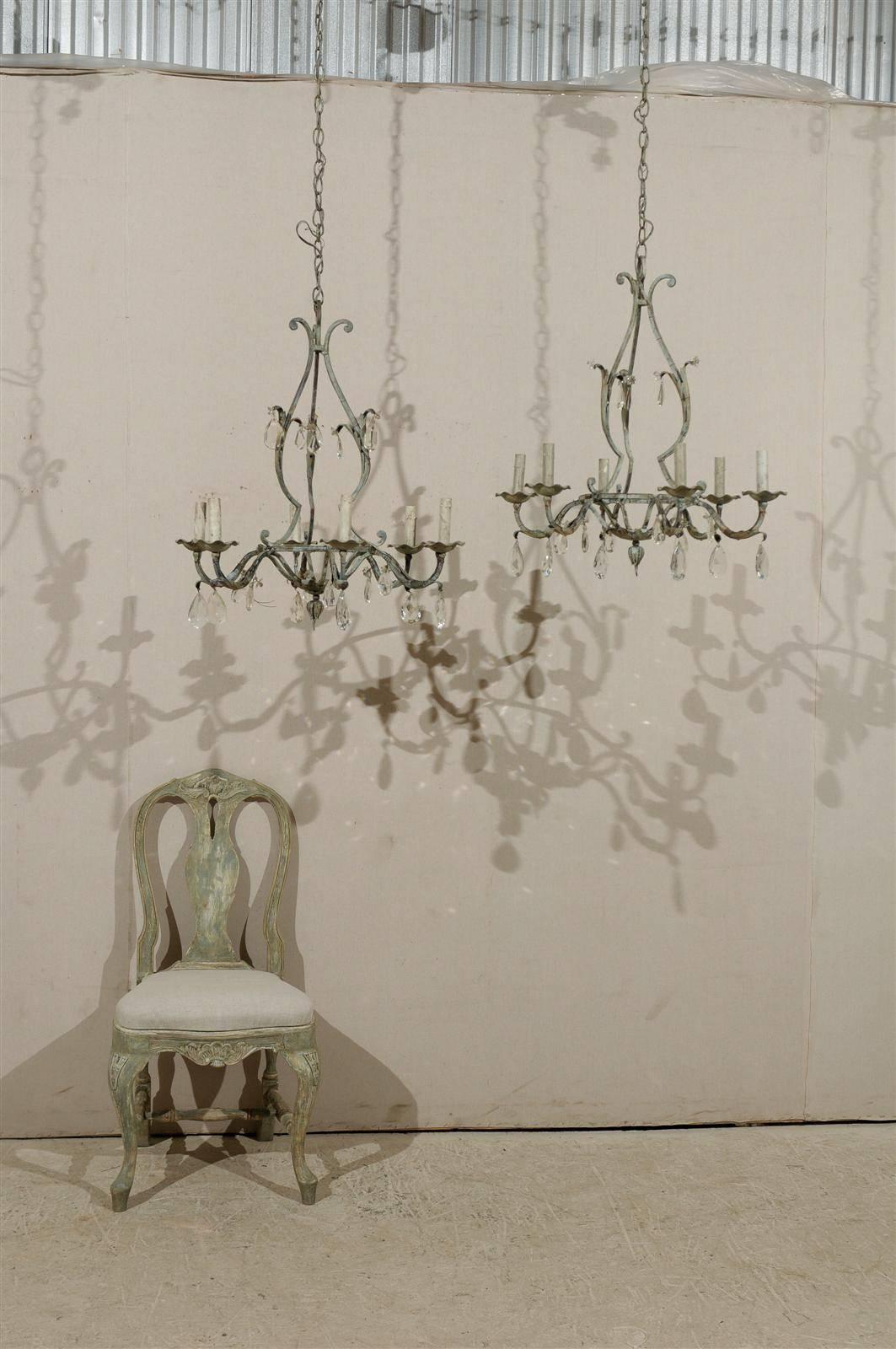A Pair of French Painted Iron and Crystal Six-Light Chandeliers with Leaf Motifs In Good Condition In Atlanta, GA