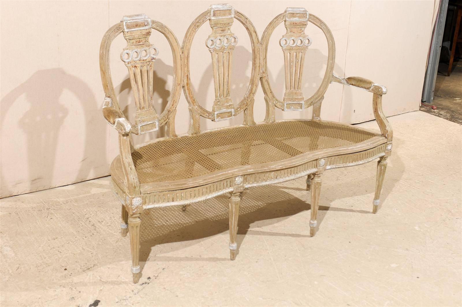 20th Century Italian Antique Neoclassical Carved Three-Chair Back Settee w/Hand-Caned Seat