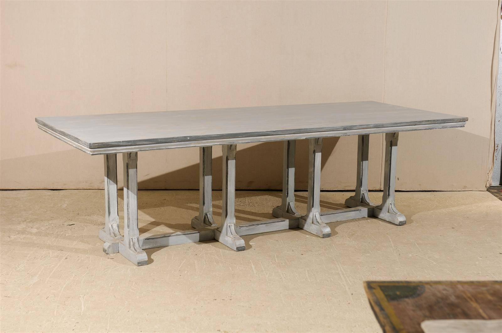 20th Century Large European Grey Painted Wood Rectangular Dining Table
