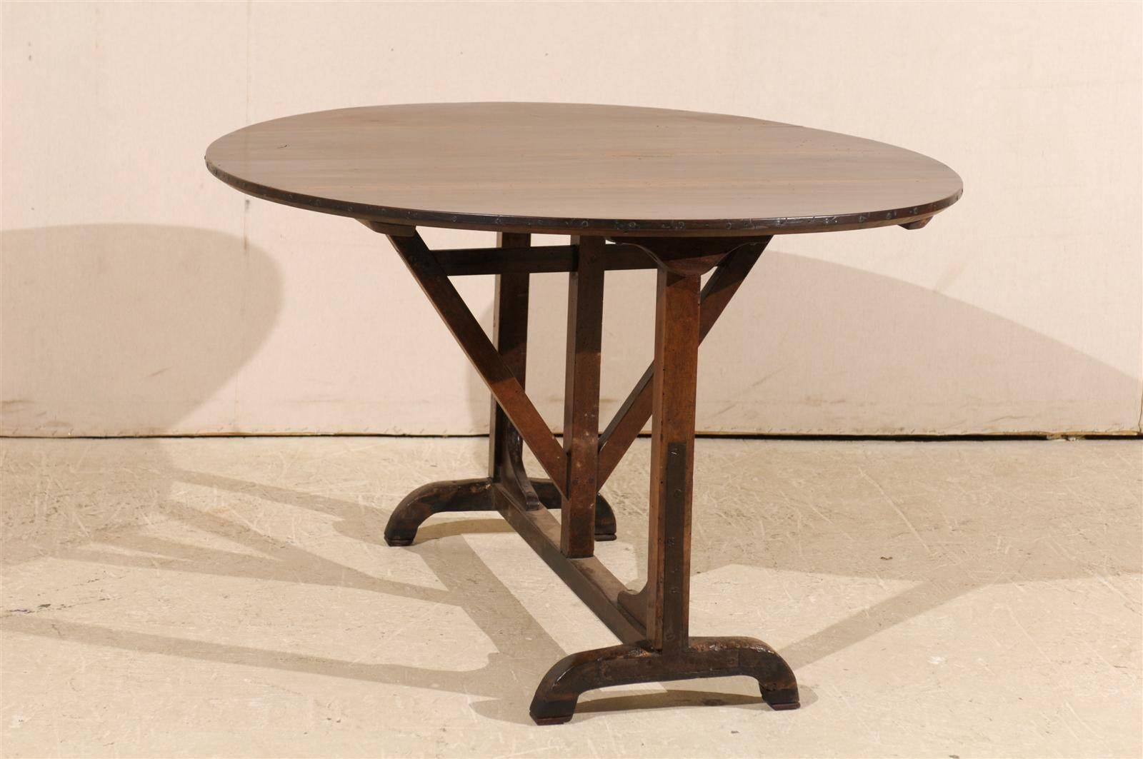 Patinated French Wine Tasting Table of Solid Walnut Wood, Beautiful Wood Grain and Patina