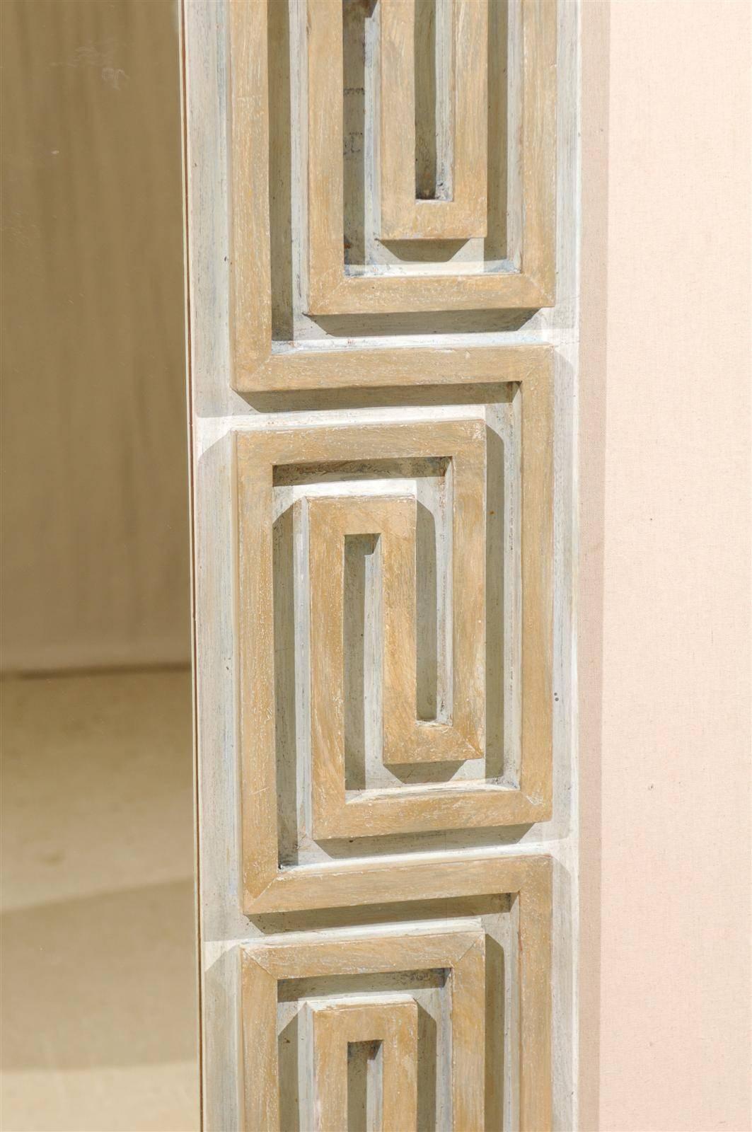Carved A Large Greek Key Painted Wood Mirror in Neutral Tan, Beige and Cream Color For Sale