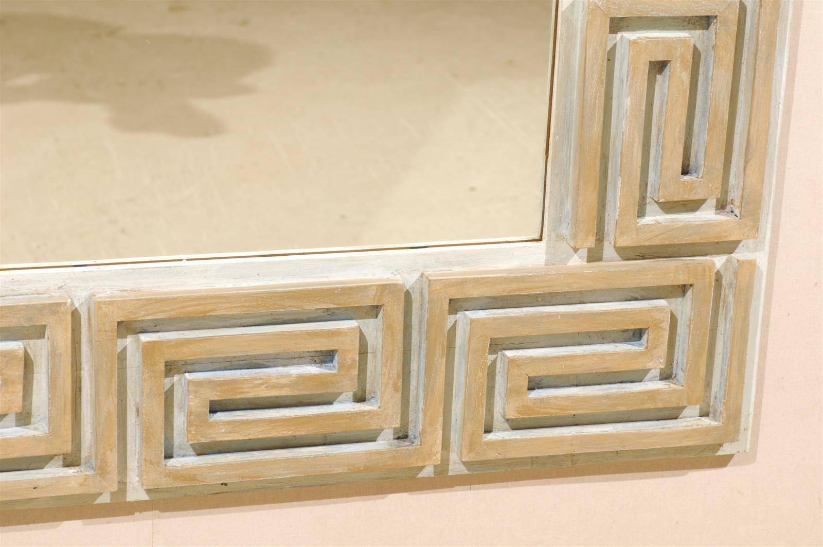 A Large Greek Key Painted Wood Mirror in Neutral Tan, Beige and Cream Color In Good Condition For Sale In Atlanta, GA