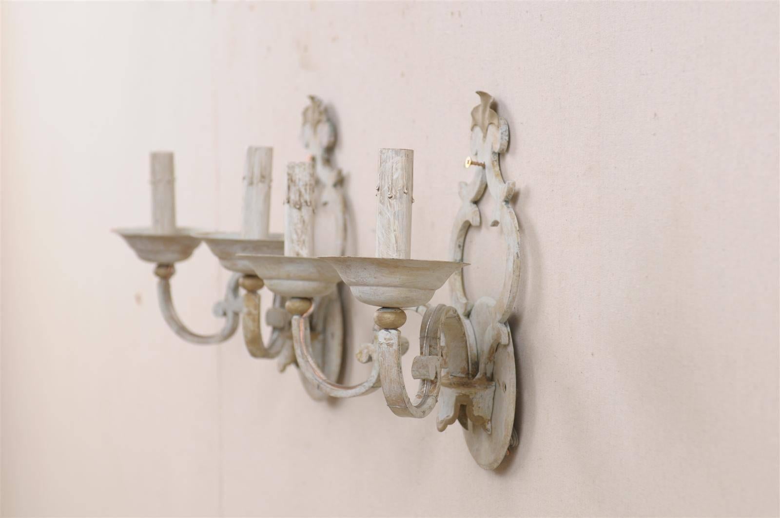 French Pair of Two-Light Painted Metal Sconces