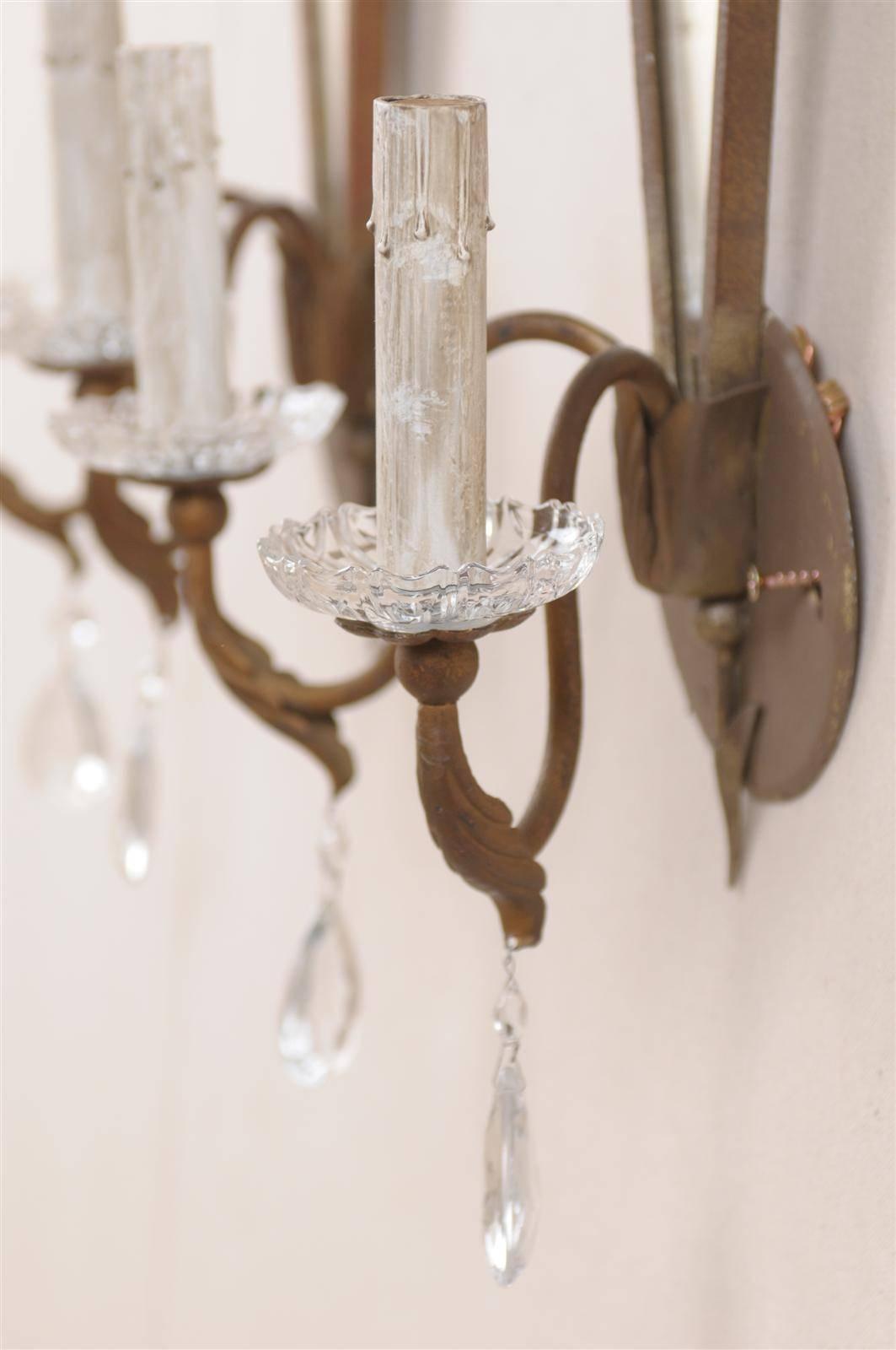 Pair of Modern French Sconces with Crystal Accents and Mirrored Back For Sale 1