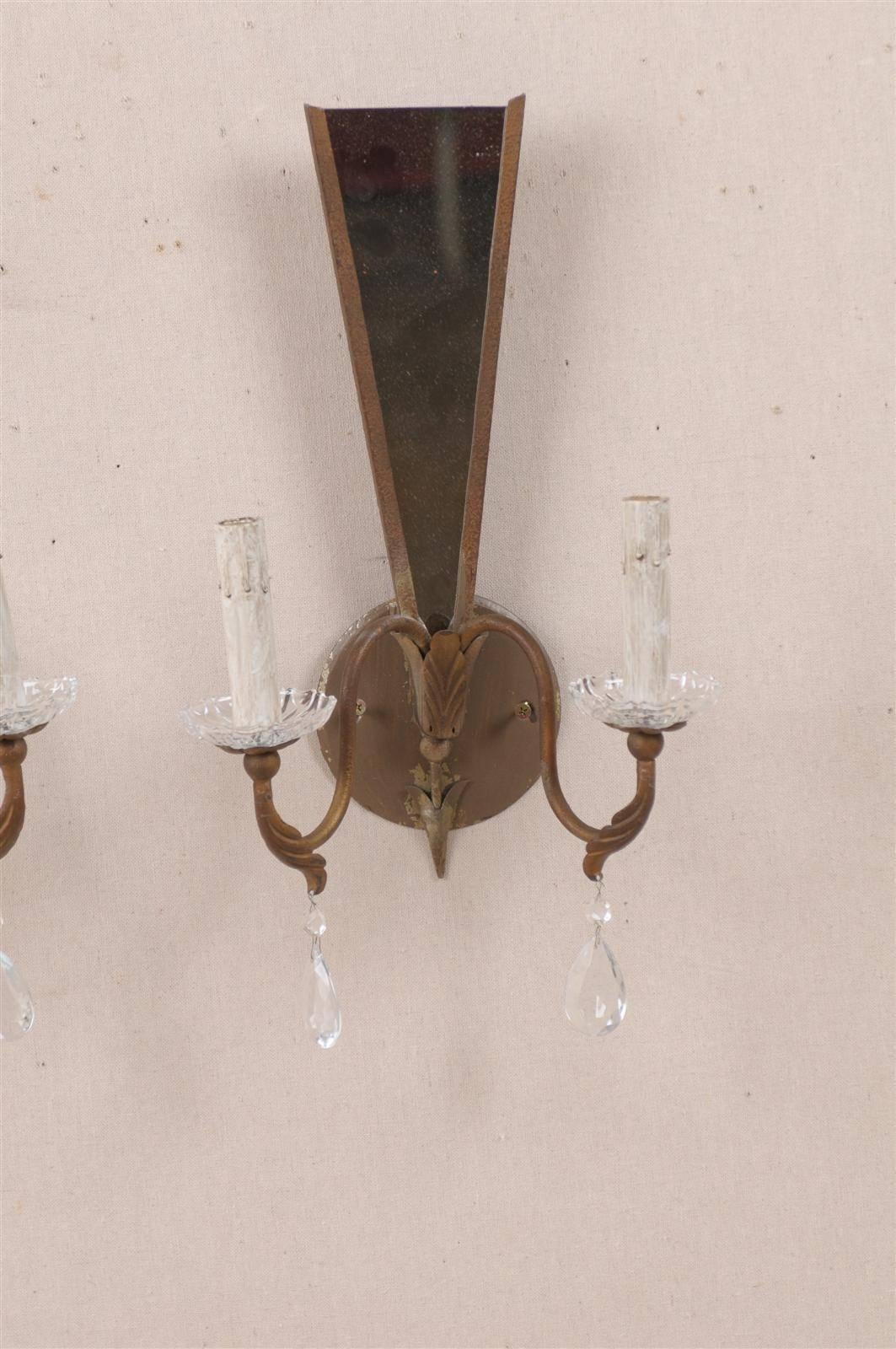 Pair of Modern French Sconces with Crystal Accents and Mirrored Back For Sale 2