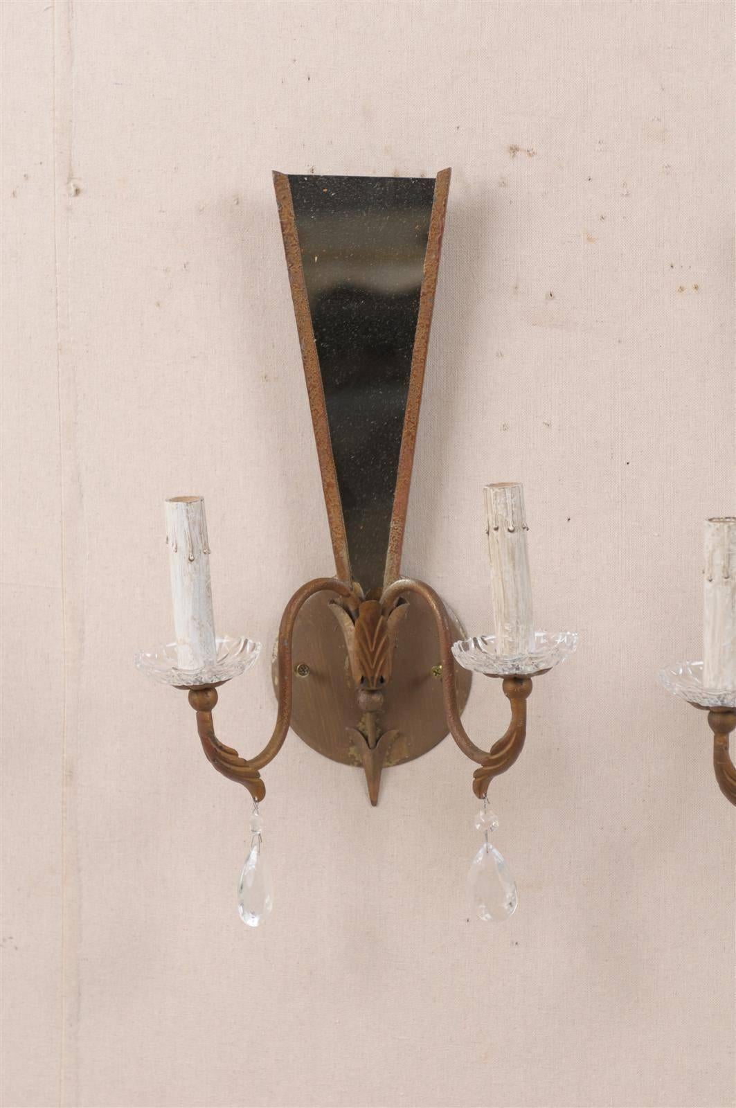 Pair of Modern French Sconces with Crystal Accents and Mirrored Back In Good Condition For Sale In Atlanta, GA
