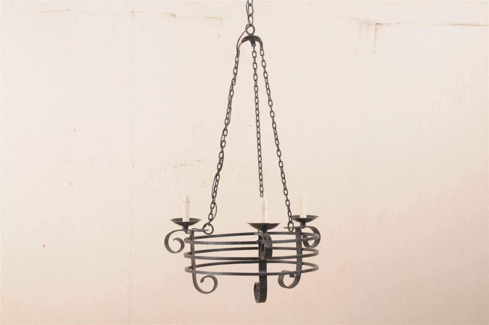 French Vintage Forged Iron Three-Light Chandelier In Good Condition In Atlanta, GA