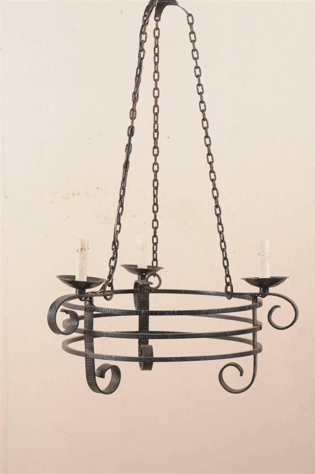 20th Century French Vintage Forged Iron Three-Light Chandelier