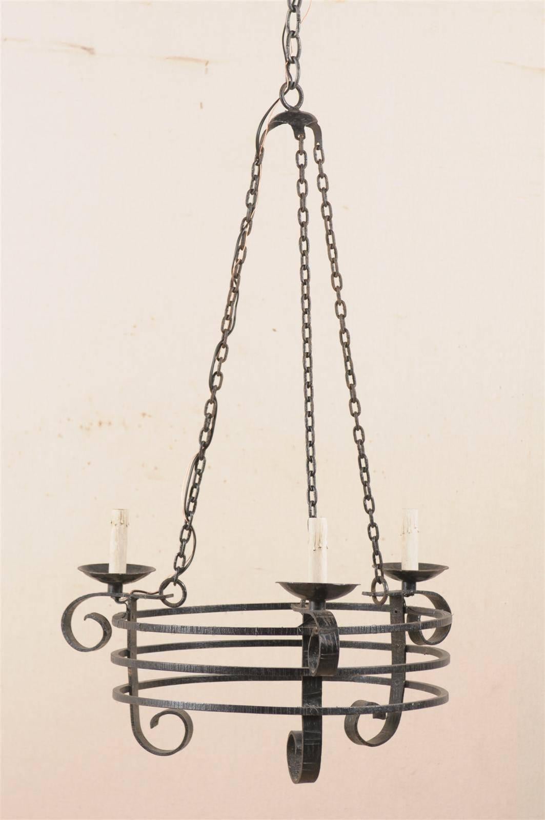 French Vintage Forged Iron Three-Light Chandelier 2