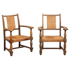 Handsome Pair of Spanish Wooden Armchairs with Rush Seat & Backs, Mid 20th C.