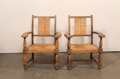 Handsome Pair of Spanish Wooden Armchairs with Rush Seat & Backs, Mid 20th C.