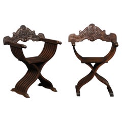 Spanish Renaissance Revival Style Carved-Walnut Savonarola Chairs, Mid 20th C.