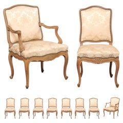 French Set of 10 Louis XV Style Upholstered & Carved-Wood Dining Chairs