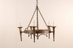 A French Gilded Iron 5 Torch Light Circular Ring Chandelier with Hammered Metal