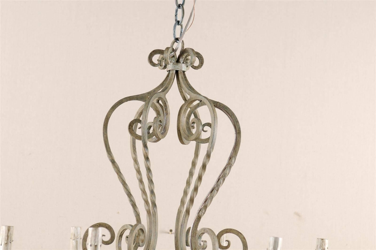 French Vintage Painted Iron 6 Light Chandelier with S-Scrolls Neutral Grey Color In Good Condition For Sale In Atlanta, GA